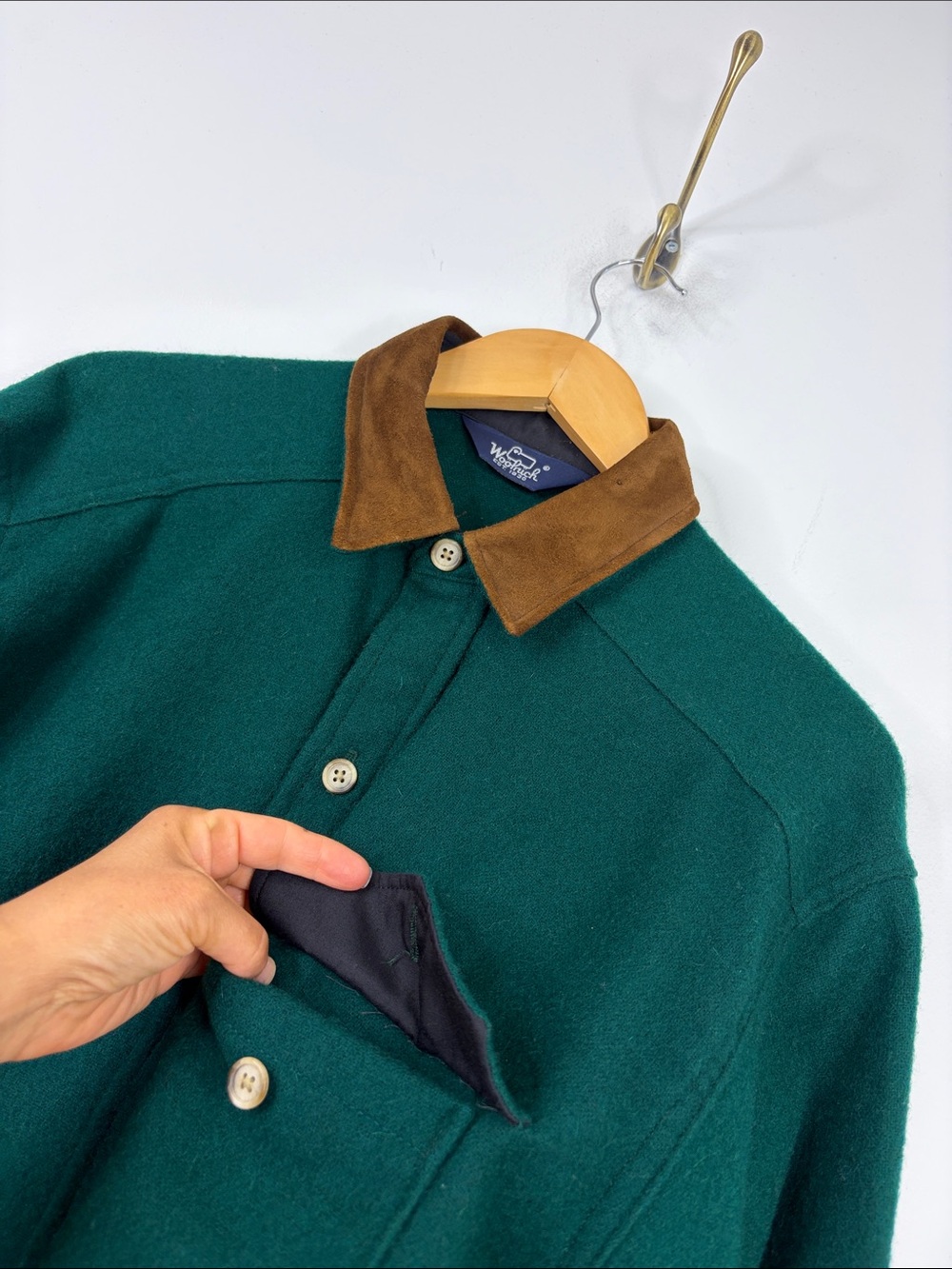 Woolrich Overshirt Mens XL Dark Green Wool Flannel Long Sleeve Elbow Patches - Picture 6 of 11